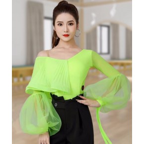 Black red neon green ballroom latin dance tops for women girls slant neck long lantern sleeved shirts waltz tango flamenco dancing bodysuit leotard tops